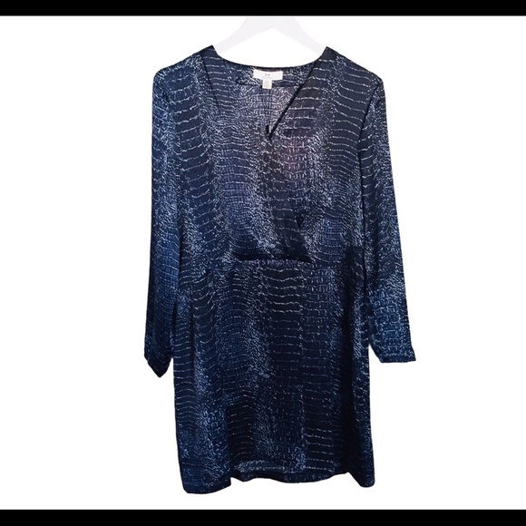 NWT HALSTON Tonal Snake Print V Neck Crossover Long Sleeve Dress Navy Blue Small - Picture 8 of 14